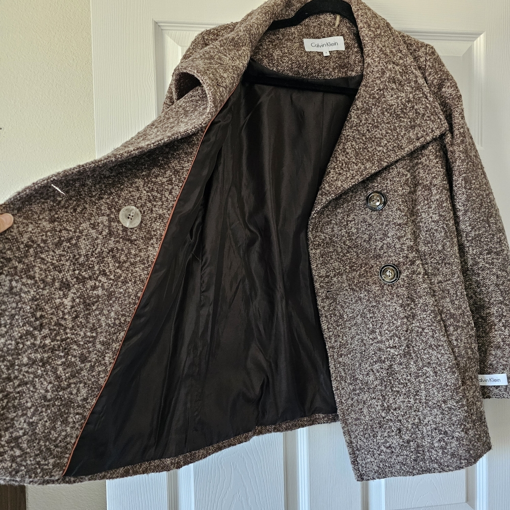 Calvin Klein Sz 2 Women's Brown Speckled Wool Weave Peacoat #97 - Picture 5 of 9
